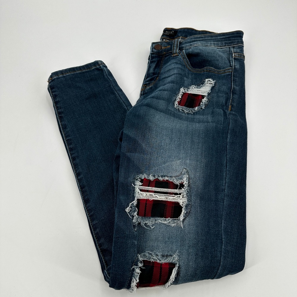 Judy‎ Blue Skinny Fit Distressed Jeans Red Buffalo Plaid Patch Size 9/29